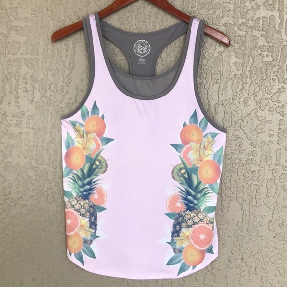 SO Tops - SO, Tropical Fruit Print, Athletic Tank Top With Built In Bra